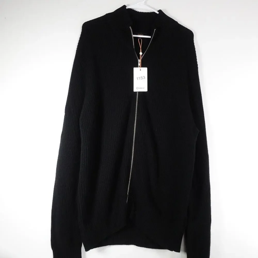 New Quince Men’s Large Black Cashmere Fisherman Full Zip Sweater Preppy Retro